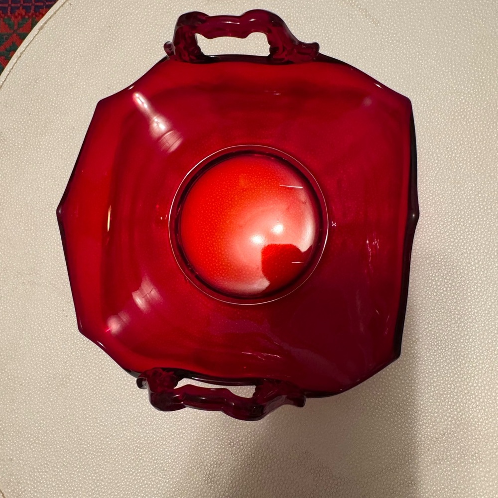 Vintage Ruby Red Depression Glass Candy Dish Square with Handles